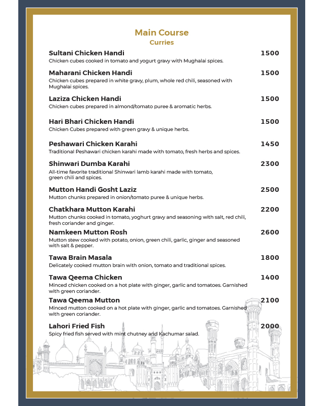 Takht-e-Lahore - Defence Raya Golf & Country Club menu