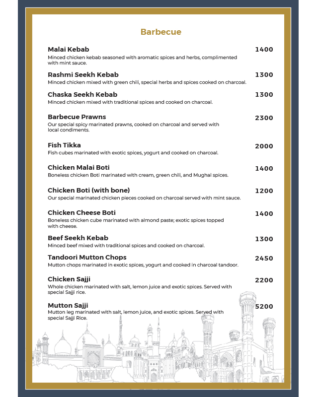 Takht-e-Lahore - Defence Raya Golf & Country Club menu