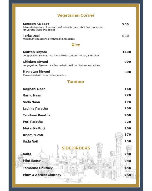 Takht-e-Lahore - Defence Raya Golf & Country Club menu