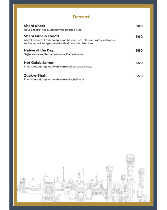 Takht-e-Lahore - Defence Raya Golf & Country Club menu