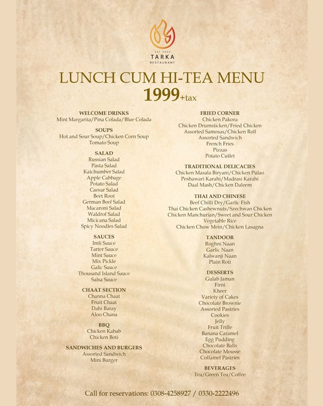 Tarka Lahore menu
