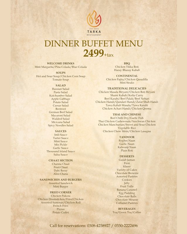 Tarka Lahore menu