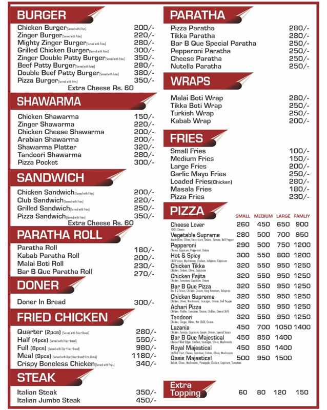 Taste Oasis menu