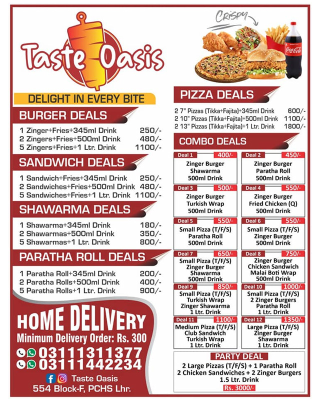 Taste Oasis menu