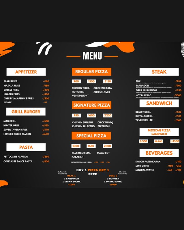 Tavern menu