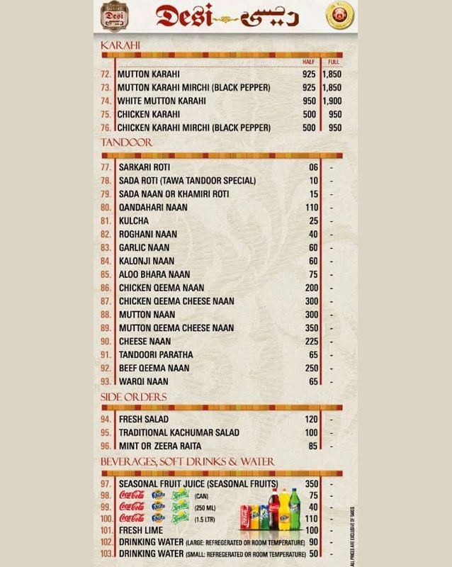 Tawa Tandoor menu