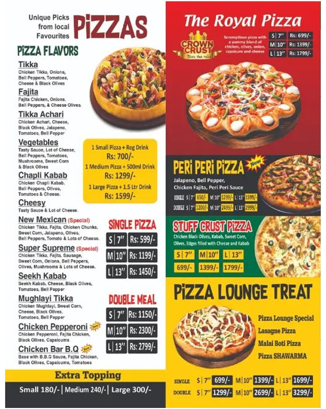 Tazeem Pizza Lounge menu