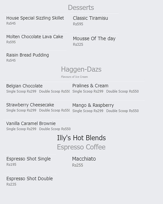 TFE Illy Coffee menu