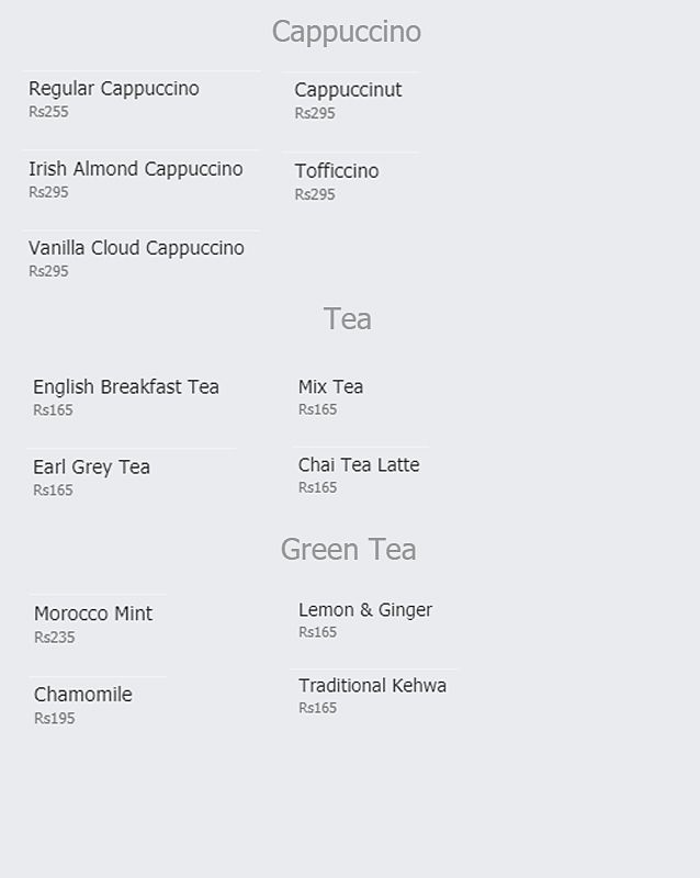 TFE Illy Coffee menu