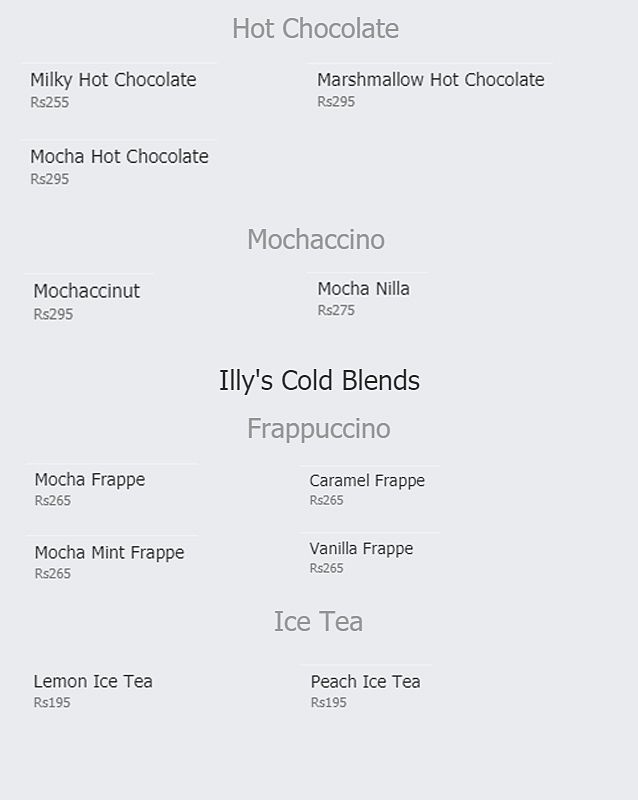 TFE Illy Coffee menu