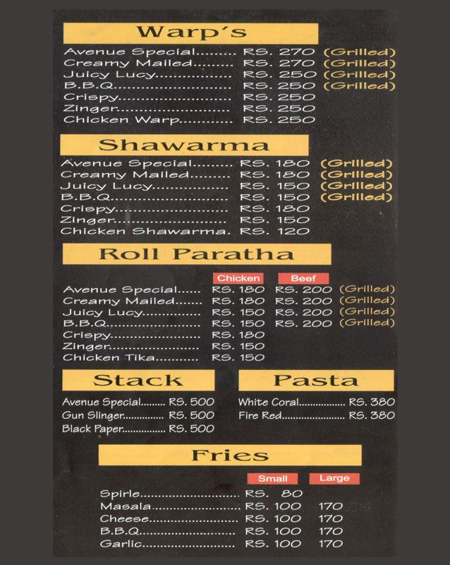 The Burger Avenue menu