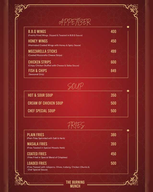 The Burning Munch menu
