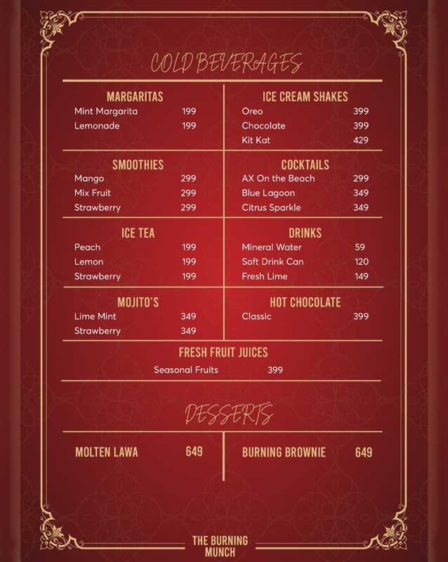 The Burning Munch menu