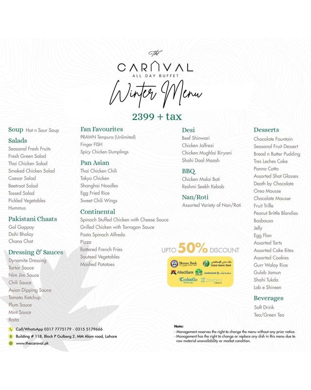 The Caraval All Day Buffet menu