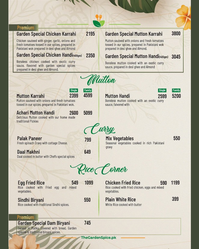 The Garden Spice menu