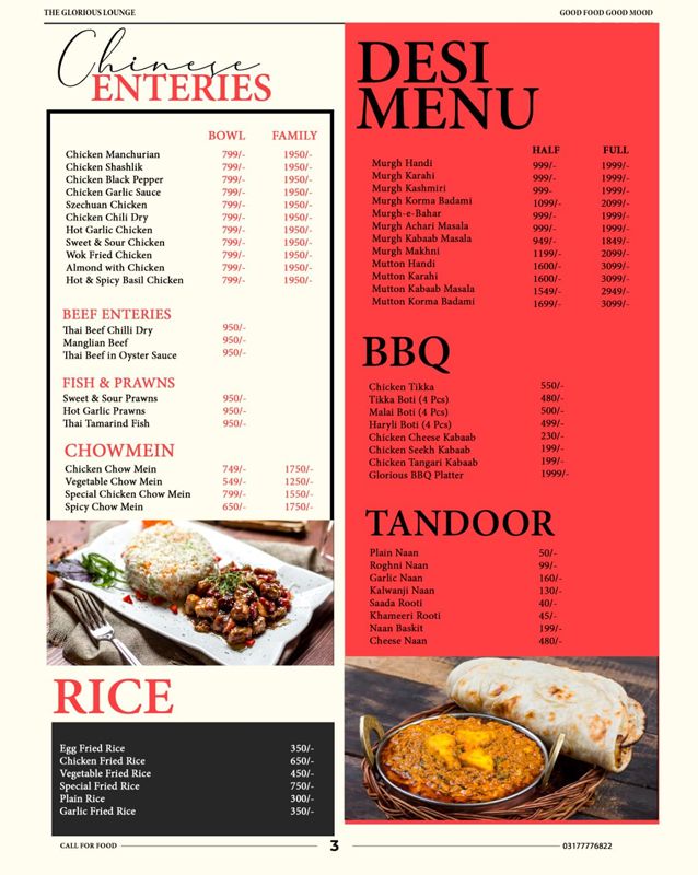 The Glorious Lounge menu