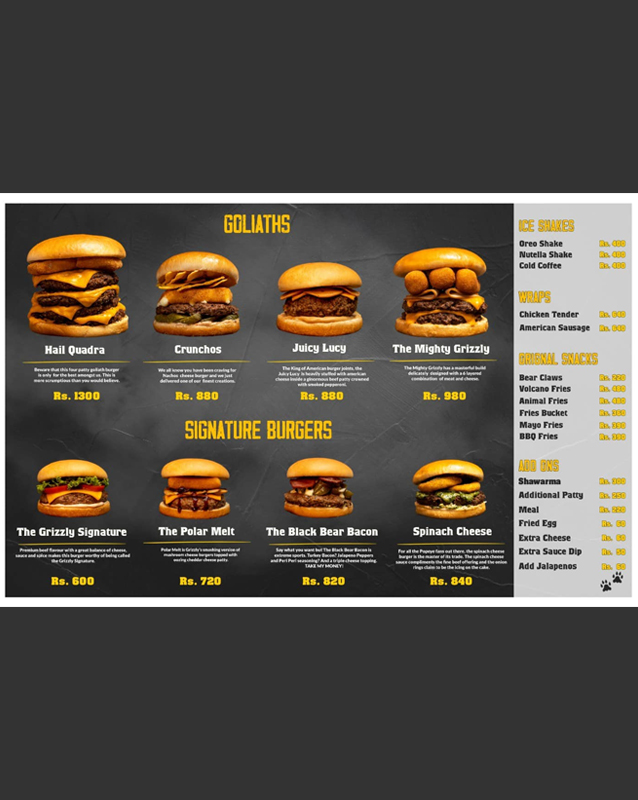 The Grizzly Burger menu
