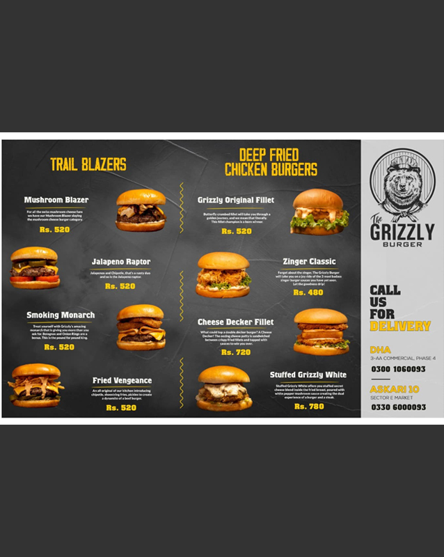 The Grizzly Burger menu