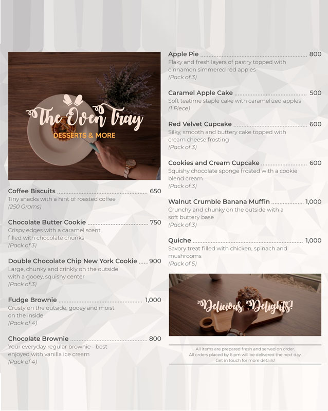 The Oven Tray menu