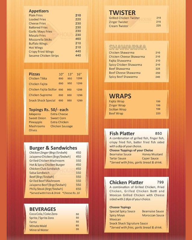 The Snack House menu