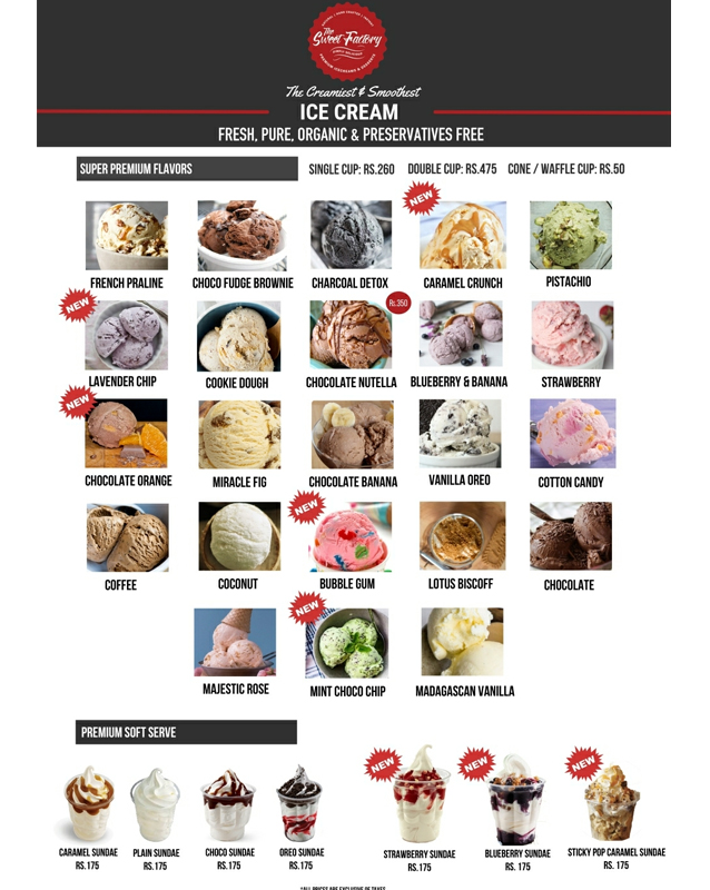 The Sweet Factory menu