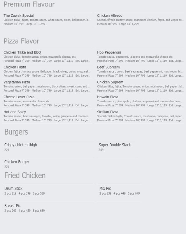 The Zawak Pizza menu