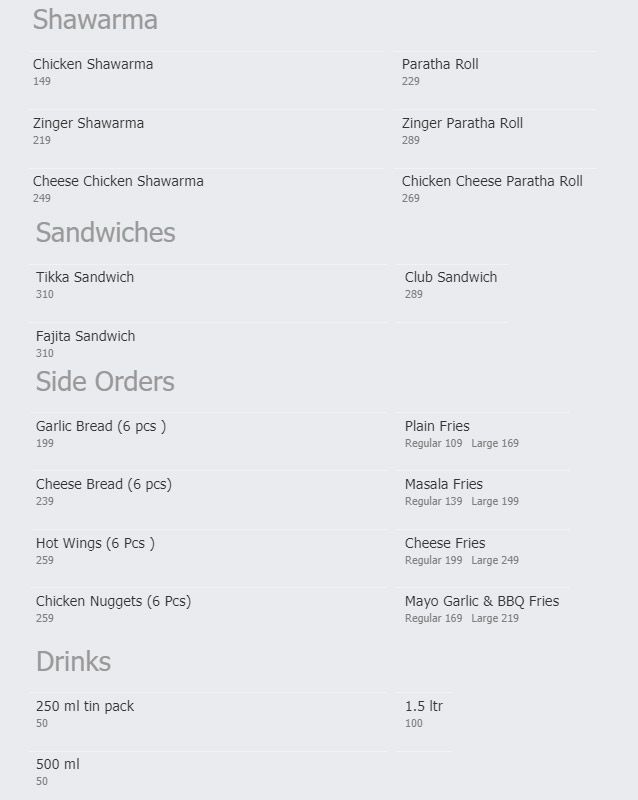 The Zawak Pizza menu