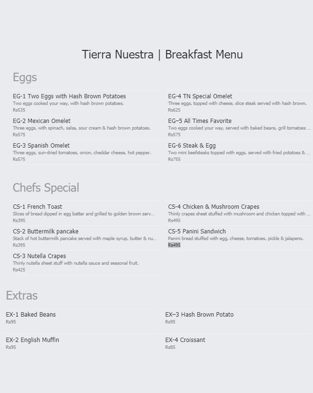Tierra Nuestra menu