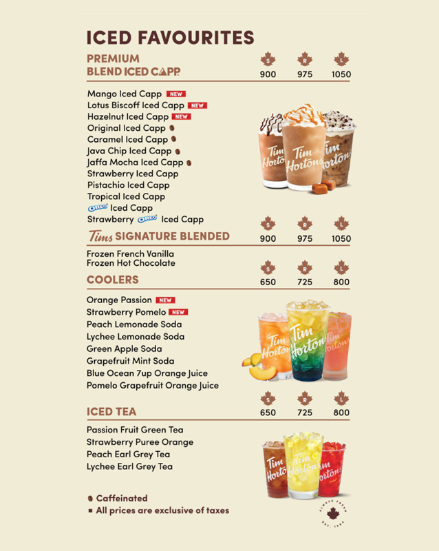 Tim Hortons menu