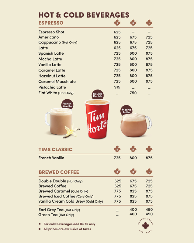 Tim Hortons menu