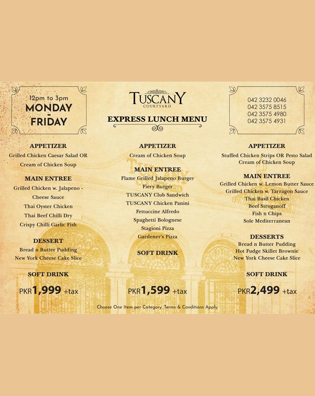 Tuscany Courtyard Lahore menu