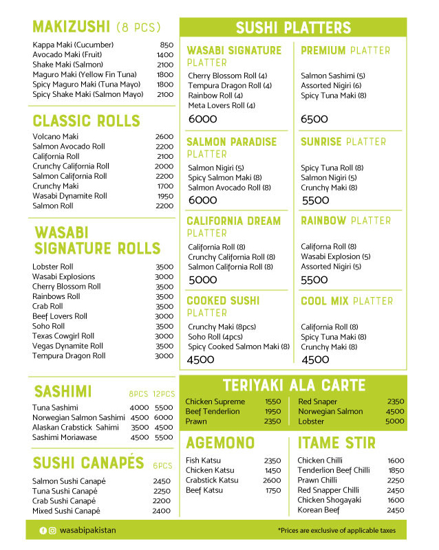 Wasabi menu