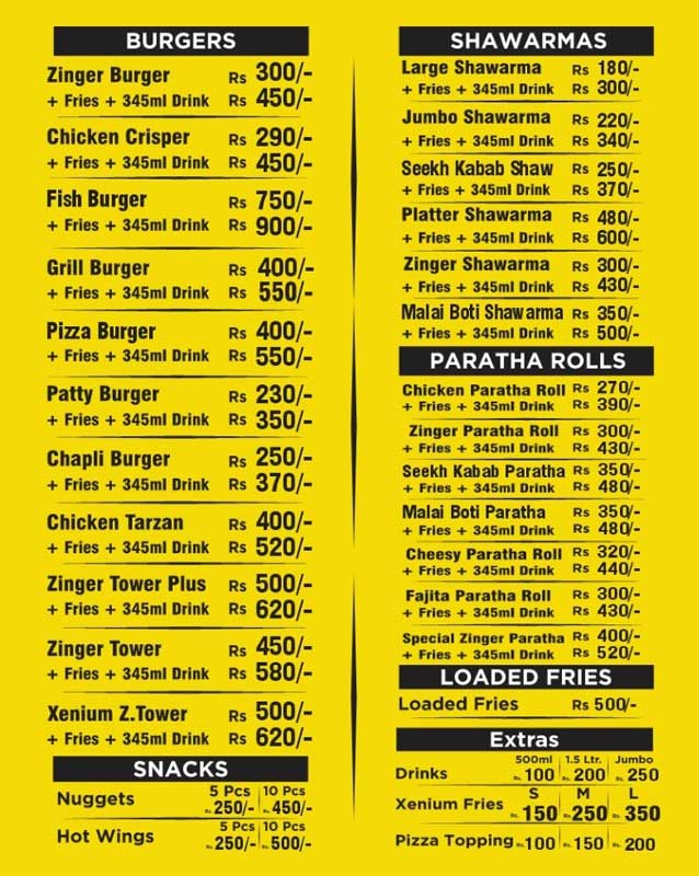 Xenium Fast Food  menu