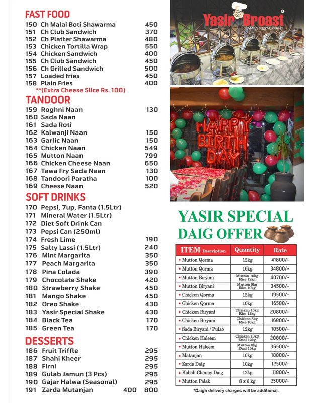 Yasir Broast menu