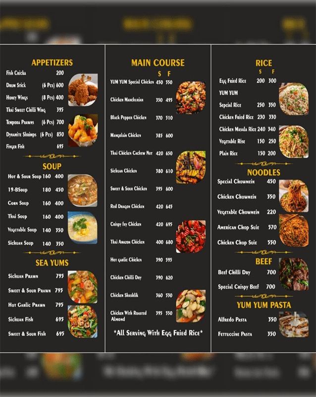Yum yum Chinese menu