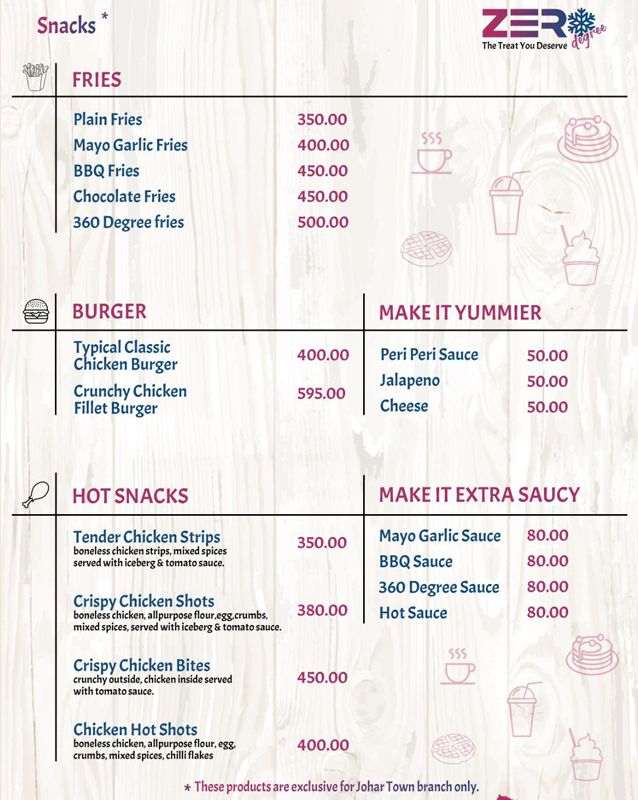 Zero Degree Lahore menu