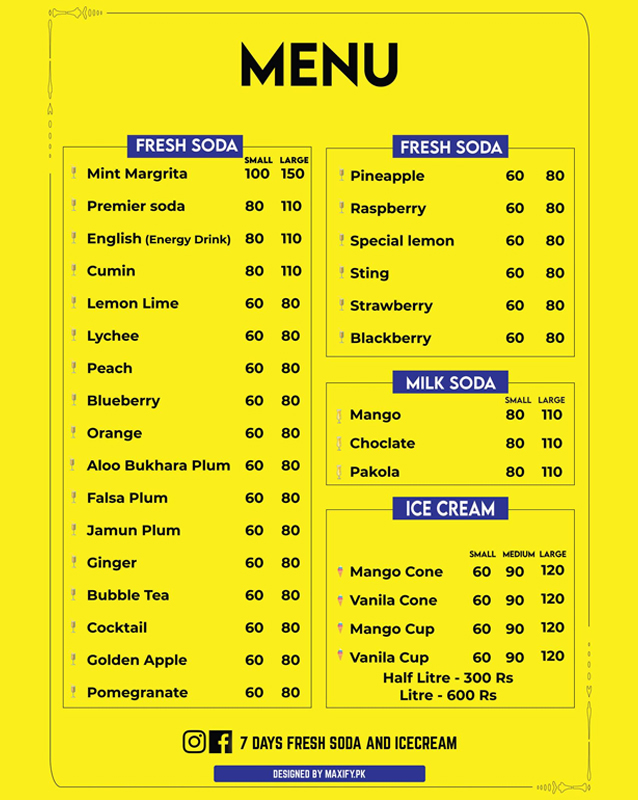 7 Days Fresh Soda And Ice Cream menu