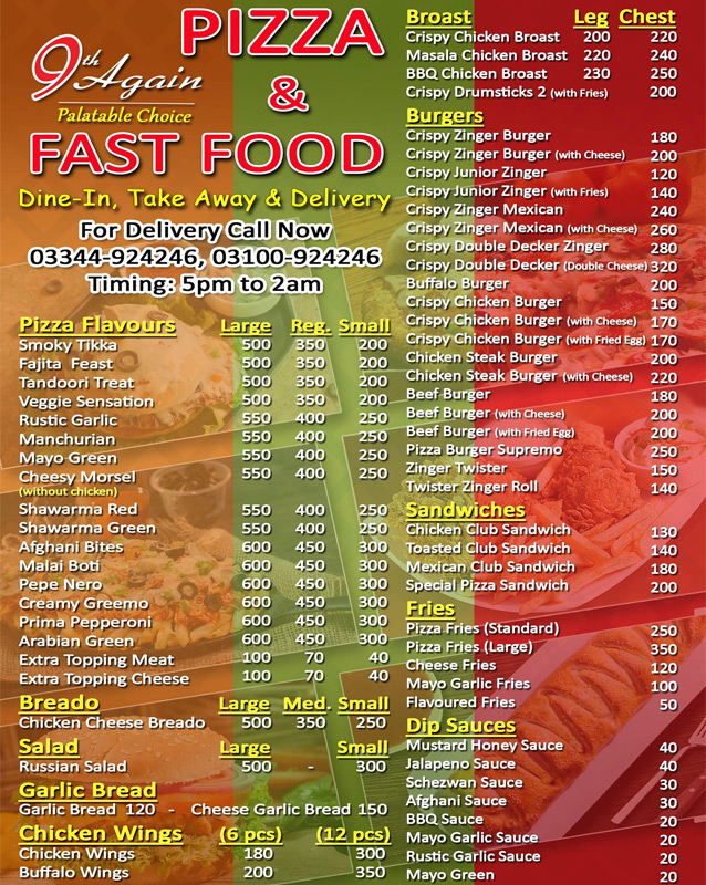 9th Again Pizza & Fast Food menu