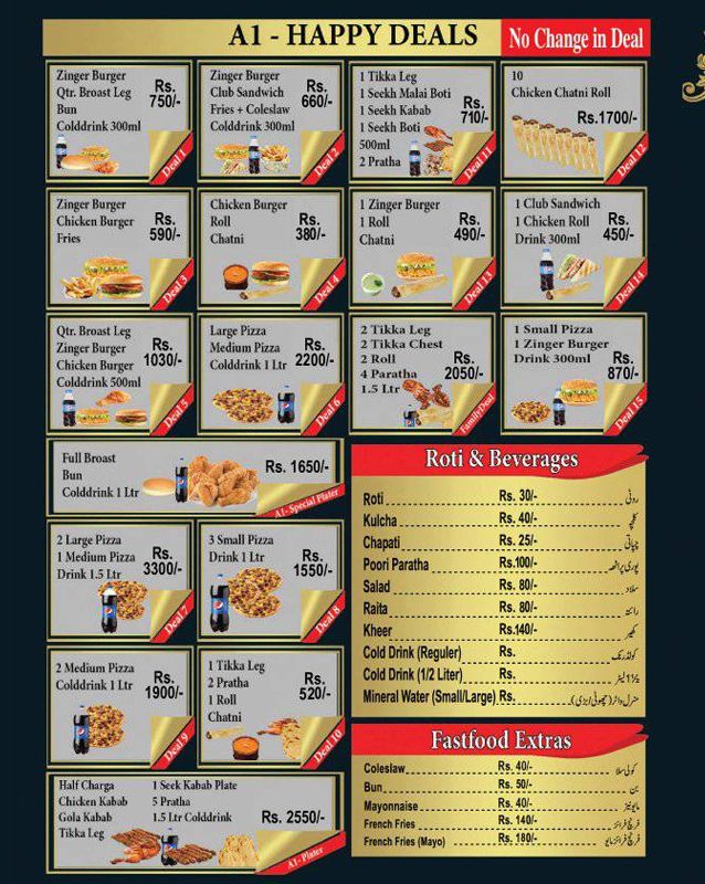 A-1 Chapli Kabab & Fast Food - Jauhar menu