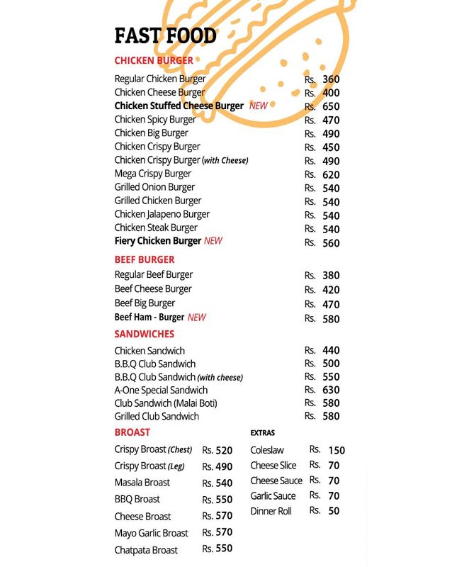 A-One Snacks menu