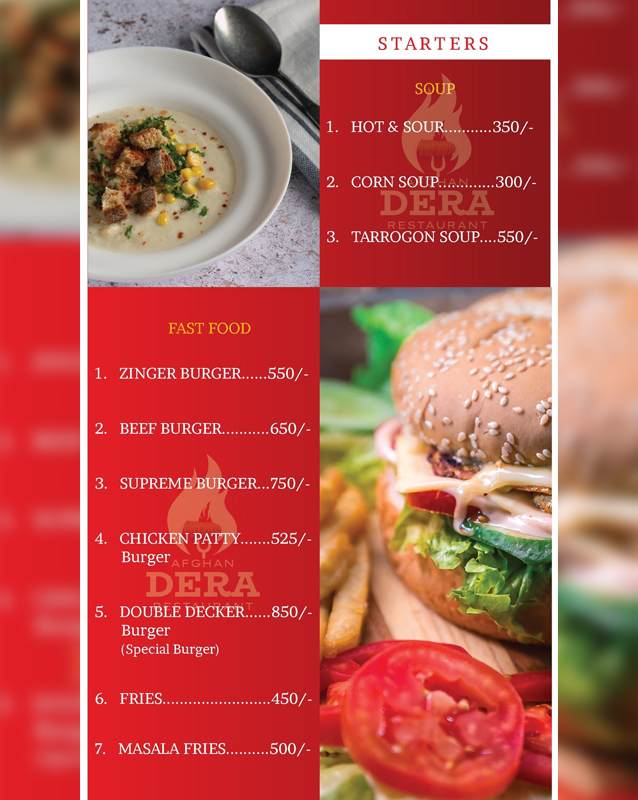 Afghan Dera Restaurant menu