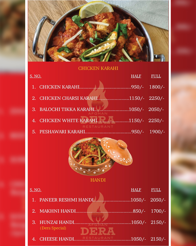 Afghan Dera Restaurant menu