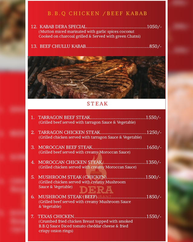Afghan Dera Restaurant menu