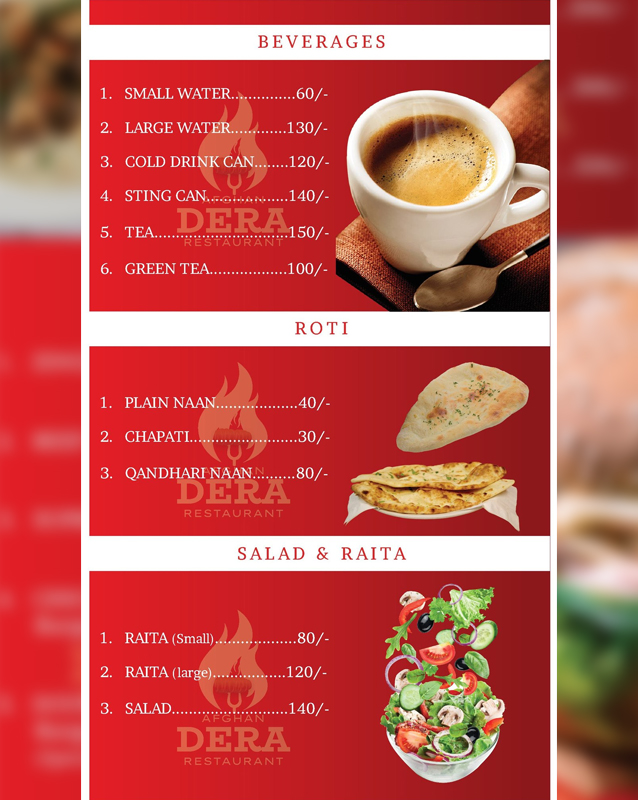 Afghan Dera Restaurant menu