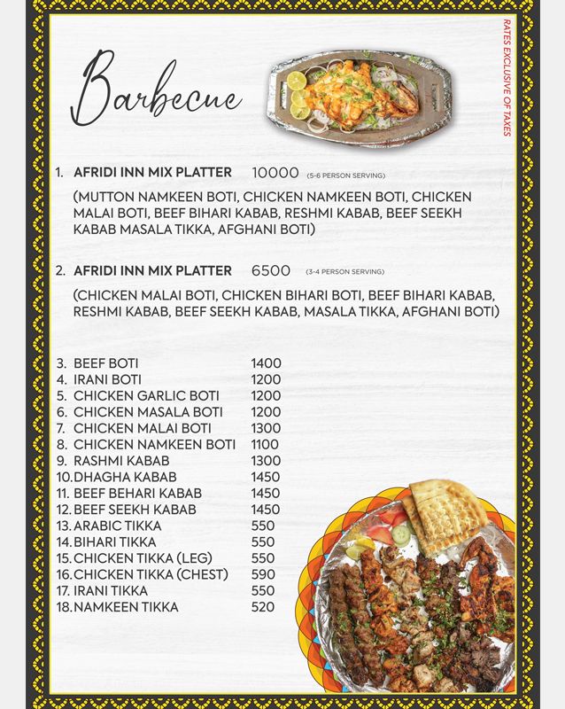 Afridi Inn menu