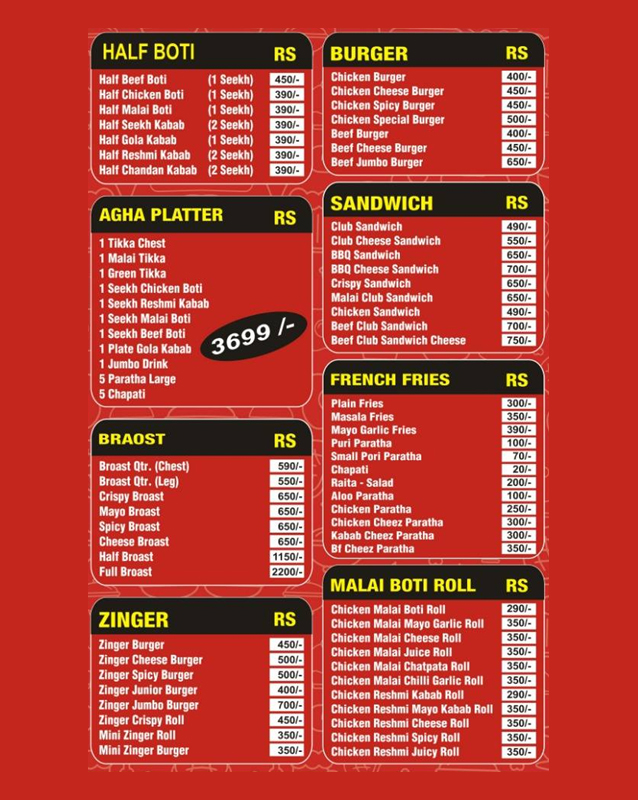 Agha Fast Food & BBQ Restaurant menu