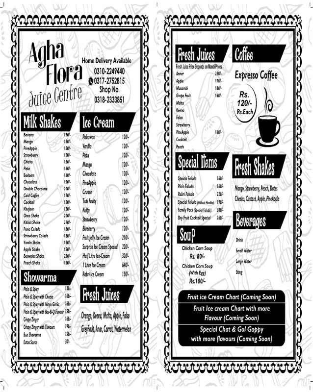 Agha Flora Juice Center menu