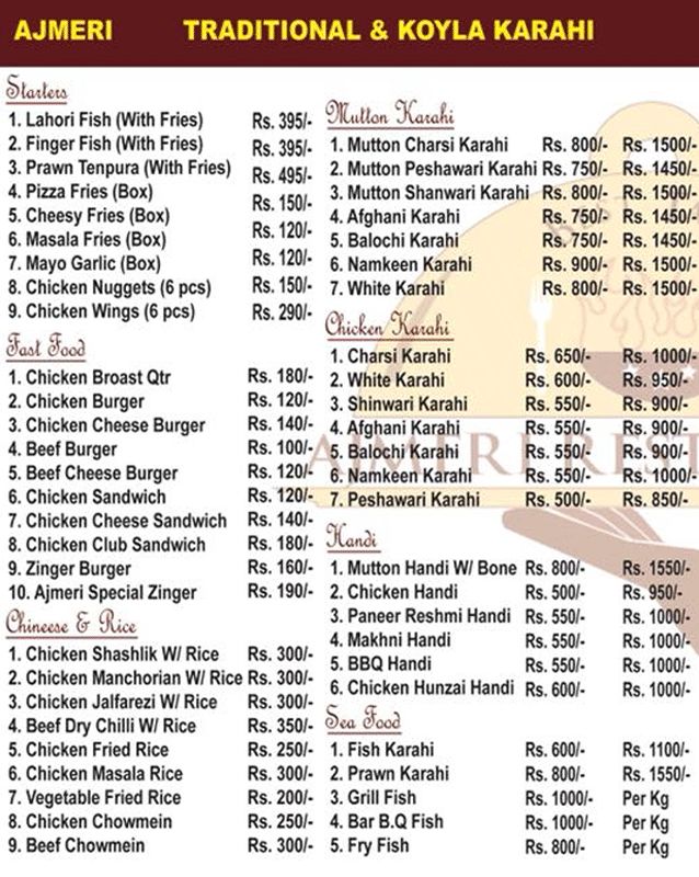 Ajmeri Restaurant menu