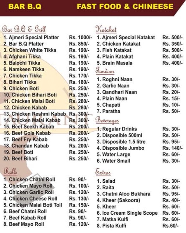 Ajmeri Restaurant menu