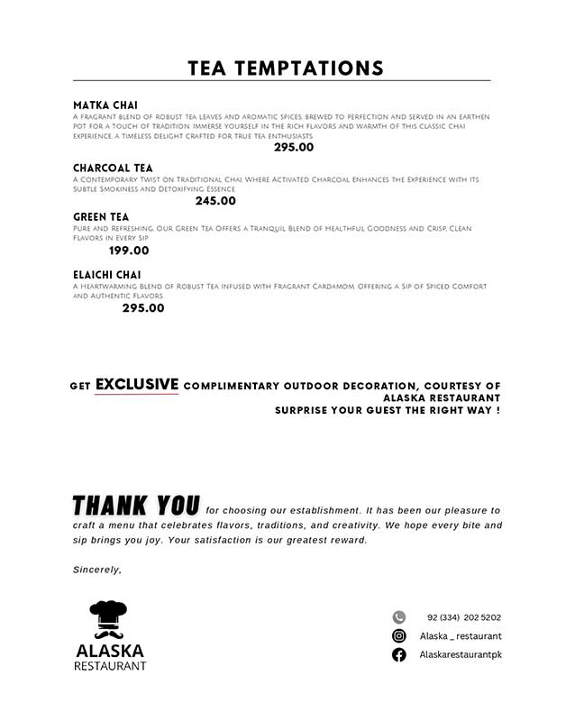 Alaska Restaurant menu